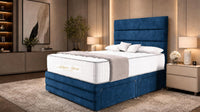 Naples Blue - Monaco Luxe Luxury Divan Bed – Premium Upholstered Panelled Headboard with Storage
