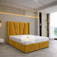 Plush Velvet Mustard Gold - Valençay Flared Sunburst Wingback Bed | Luxury Divan Ottoman Upholstered Bed Frame