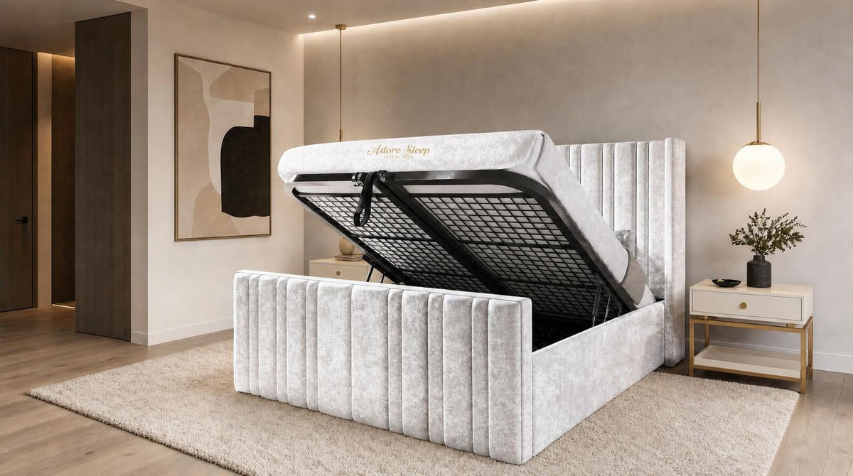 Crushed Velvet White - Kensington Fluted Luxury Ottoman Storage Bed