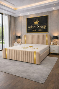 Naples Sand - Spencer Luxury Curved Fluted Bed Frame with Gold Strip – Upholstered