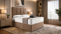 Naples Mink - Kensington Grande Luxury Divan Bed – Premium Upholstered Bed Frame with Tall Vertical Panel Headboard