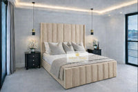 Naples Sand - Aurelia Grandeur Luxury Upholstered Panel Bed – Tall Vertical Channel Headboard & Deep Padded Frame