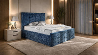 Crushed Velvet Denim Blue - Valentina Luxury Chevron Panel Bed – Designer Upholstered Bed Frame with Statement Headboard & Footboard