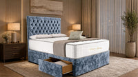 Crushed Velvet Denim Blue - Regency Chesterfield Luxe Divan Bed with Storage – Deep Buttoned Upholstered Bed Frame