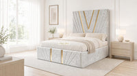 Crushed Velvet White - Monaco V-Line Luxury Geometric Ottoman Storage Bed