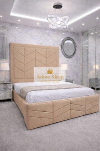 Naples Sand - Valencia Royale Luxury Upholstered Bed – Geometric Chevron Panel Headboard & Statement Footboard