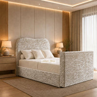 Crushed Velvet Champagne - Serene Luxury Curved TV Bed – Designer Upholstered Bed Frame with Integrated TV Footboard