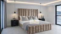 Crushed Velvet Mink - Aurelia Grandeur Luxury Upholstered Panel Bed – Tall Vertical Channel Headboard & Deep Padded Frame