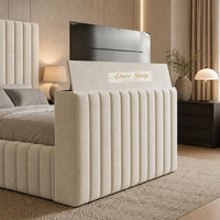 Naples Cream - Mayfair Luxury Channelled TV Bed – Premium Upholstered Bed Frame with Integrated TV Footboard