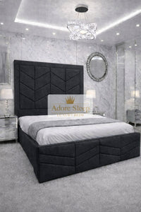 Naples Charcoal - Valencia Royale Luxury Upholstered Bed – Geometric Chevron Panel Headboard & Statement Footboard