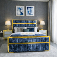 Crushed Velvet Denim Blue - Aurelius Linear Upholstered Designer Bed | Luxury Gold Frame Statement Bed