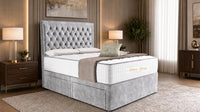 Plush Velvet Silver - Regency Chesterfield Luxe Divan Bed with Storage – Deep Buttoned Upholstered Bed Frame