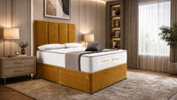 Plush Velvet Mustard Gold - Kensington Grande Luxury Divan Bed – Premium Upholstered Bed Frame with Tall Vertical Panel Headboard