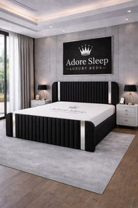 Naples Black - Spencer Luxury Curved Fluted Bed Frame with Gold Strip – Upholstered