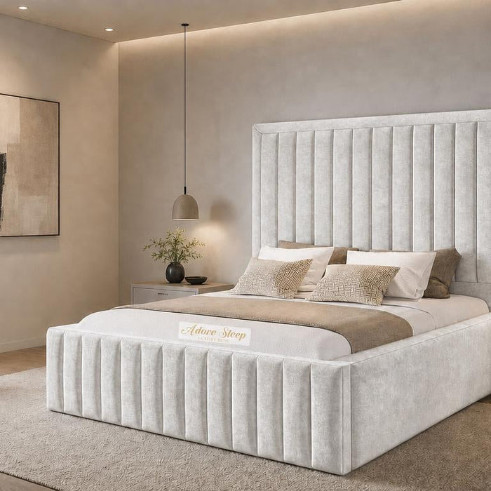 Crushed Velvet White - Savoy Luxury Panel Bed – Premium Upholstered Bed Frame with Grand Framed Headboard