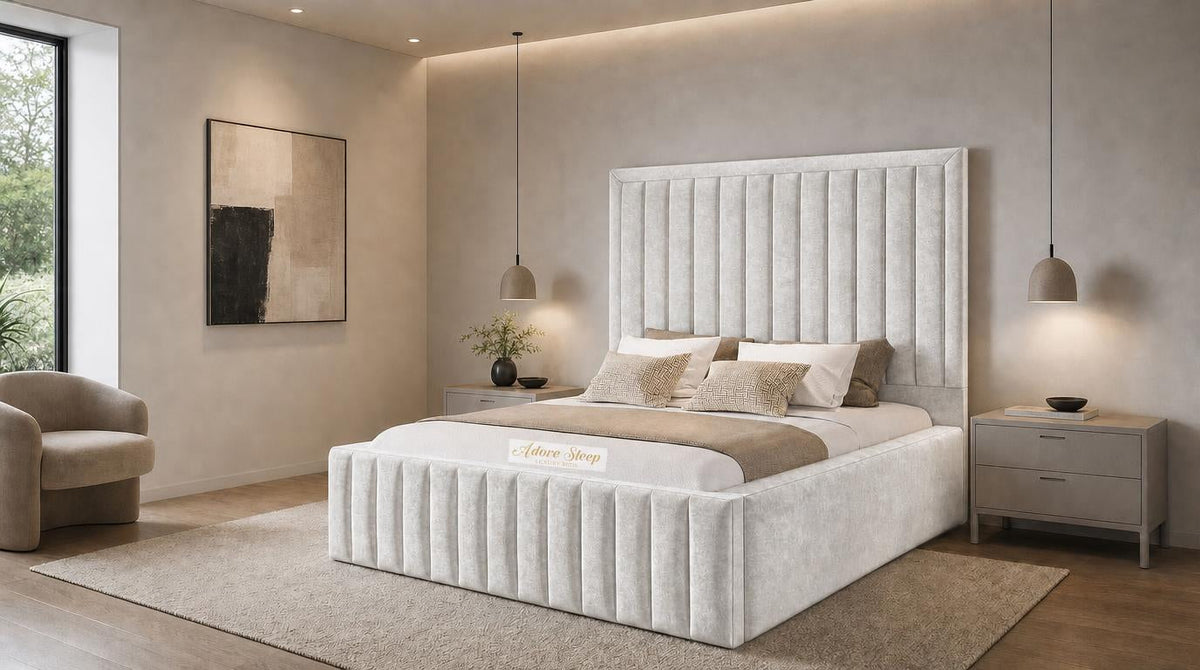 Crushed Velvet White - Savoy Luxury Panel Bed – Premium Upholstered Bed Frame with Grand Framed Headboard