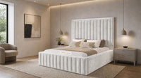Crushed Velvet White - Savoy Luxury Panel Bed – Premium Upholstered Bed Frame with Grand Framed Headboard
