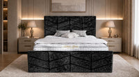 Crushed Velvet Black - Valentina Luxury Chevron Panel Bed – Designer Upholstered Bed Frame with Statement Headboard & Footboard