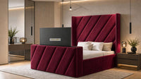 Plush Velvet Maroon - Ascot Luxury Diagonal Panel TV Bed – Designer Upholstered Bed Frame with Integrated TV Footboard