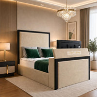 Plush Velvet Beige - Claridge Luxury Framed TV Bed – Premium Upholstered Bed Frame with Integrated TV Footboard