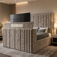 Crushed Velvet Mink - Belgravia Luxury TV Bed – Statement Panel Upholstered Bed Frame with TV Footboard