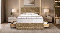 Crushed Velvet Gold - Monaco Luxe Luxury Divan Bed – Premium Upholstered Panelled Headboard with Storage