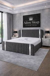 Naples Slate Grey - Spencer Luxury Curved Fluted Bed Frame with Gold Strip – Upholstered