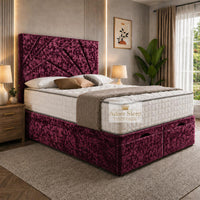 Crushed Velvet Aubergine - Meridian Abstract Geometry Ottoman Divan Bed | Luxury Hydraulic Storage Bed Frame