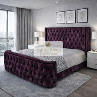 Crushed Velvet Aubergine - Celestine Grandeur Luxury Upholstered Bed – Deep Button Tufted Headboard & Curved Statement Footboard