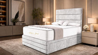 Crushed Velvet White - Monaco Luxe Luxury Divan Bed – Premium Upholstered Panelled Headboard with Storage