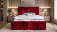 Crushed Velvet Red - Valentina Luxury Chevron Panel Bed – Designer Upholstered Bed Frame with Statement Headboard & Footboard