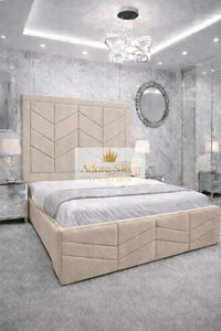 Plush Velvet Beige - Valencia Royale Luxury Upholstered Bed – Geometric Chevron Panel Headboard & Statement Footboard
