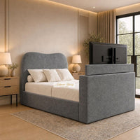 Naples Slate Grey - Serene Luxury Curved TV Bed – Designer Upholstered Bed Frame with Integrated TV Footboard