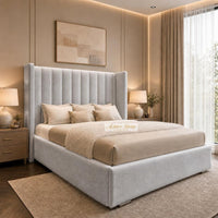 Plush Velvet Silver - Harrington Luxury Wingback Bed – Premium Upholstered Bed Frame with Tall Panel Headboard