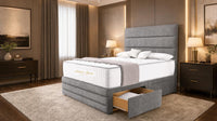 Plush Velvet Grey - Monaco Luxe Luxury Divan Bed – Premium Upholstered Panelled Headboard with Storage