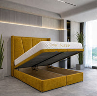 Plush Velvet Mustard Gold - Valençay Flared Sunburst Wingback Bed | Luxury Divan Ottoman Upholstered Bed Frame