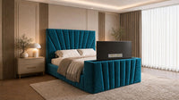 Plush Velvet Teal - Solaris Luxury Sunburst TV Bed – Designer Upholstered Bed Frame with Integrated TV Footboard