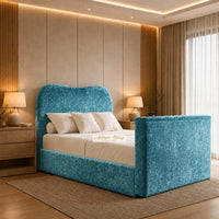 Crushed Velvet Teal - Serene Luxury Curved TV Bed – Designer Upholstered Bed Frame with Integrated TV Footboard