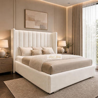 Naples Cream - Harrington Luxury Wingback Bed – Premium Upholstered Bed Frame with Tall Panel Headboard
