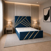 Naples Blue - Monaco Luxury Geometric Bed – Designer Upholstered Bed Frame with Metallic Inlay Detailing
