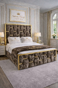 Crushed Velvet Mink - Sovereign Geometric Upholstered Designer Bed | Luxury Gold Trim Bed Frame
