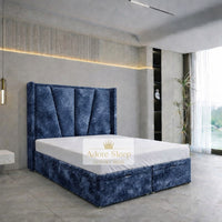 Crushed Velvet Denim Blue - Valençay Flared Sunburst Wingback Bed | Luxury Divan Ottoman Upholstered Bed Frame