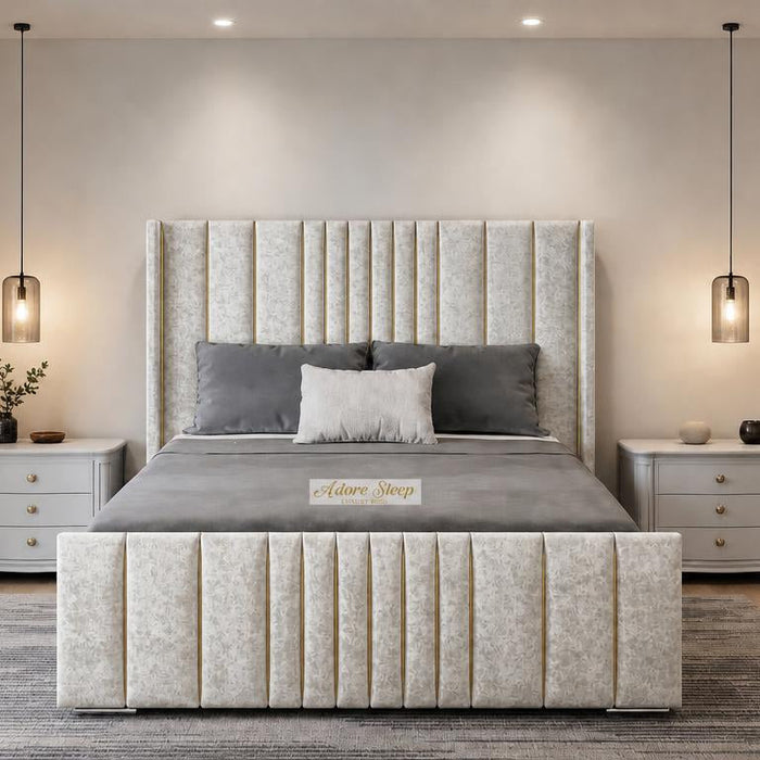 Crushed Velvet White - Mayfair Luxury Panelled Bed – Premium Upholstered Bed Frame with Statement Headboard & Footboard