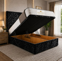 Crushed Velvet Black - Meridian Abstract Geometry Ottoman Divan Bed | Luxury Hydraulic Storage Bed Frame