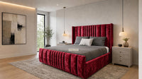 Crushed Velvet Red - Mayfair Luxury Panelled Bed – Premium Upholstered Bed Frame with Statement Headboard & Footboard