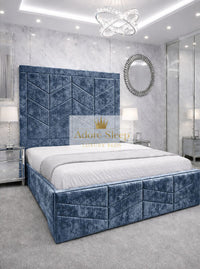 Crushed Velvet Denim Blue - Valencia Royale Luxury Upholstered Bed – Geometric Chevron Panel Headboard & Statement Footboard