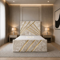 Crushed Velvet Cream - Monaco Luxury Geometric Bed – Designer Upholstered Bed Frame with Metallic Inlay Detailing