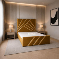 Plush Velvet Mustard Gold - Monaco Luxury Geometric Bed – Designer Upholstered Bed Frame with Metallic Inlay Detailing