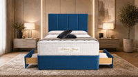 Naples Blue - Kensington Grande Luxury Divan Bed – Premium Upholstered Bed Frame with Tall Vertical Panel Headboard