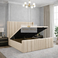 Naples Cream - Valmont Luxe Ottoman Divan Bed Frame – Luxury Upholstered Storage Bed with Statement Panelled Headboard